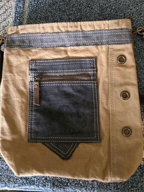 SOLD Myra Bag Tan and Gray Canvas Crossbody with Grommet Detail